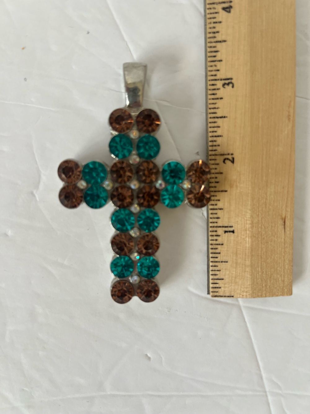 Cross Pendant Necklace Green/Amber Faux Stones Loop for Chain in Silver base